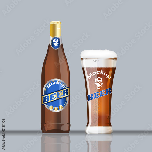 Digital vector glass and bottle of brown beer with bubbles mockup, realistic flat style, isolated and ready for your design and logo