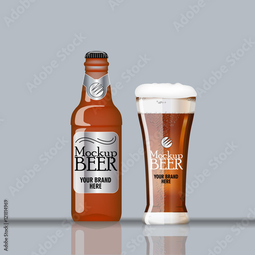 Digital vector glass and bottle of dark brown beer with bubbles mockup, realistic flat style, isolated and ready for your design and logo