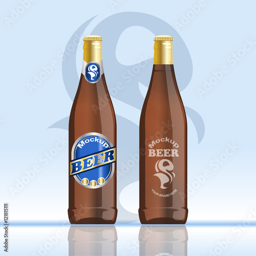 Digital vector brown beer mockup, blue and golden bottle, realistic flat style, isolated and ready for your design and logo