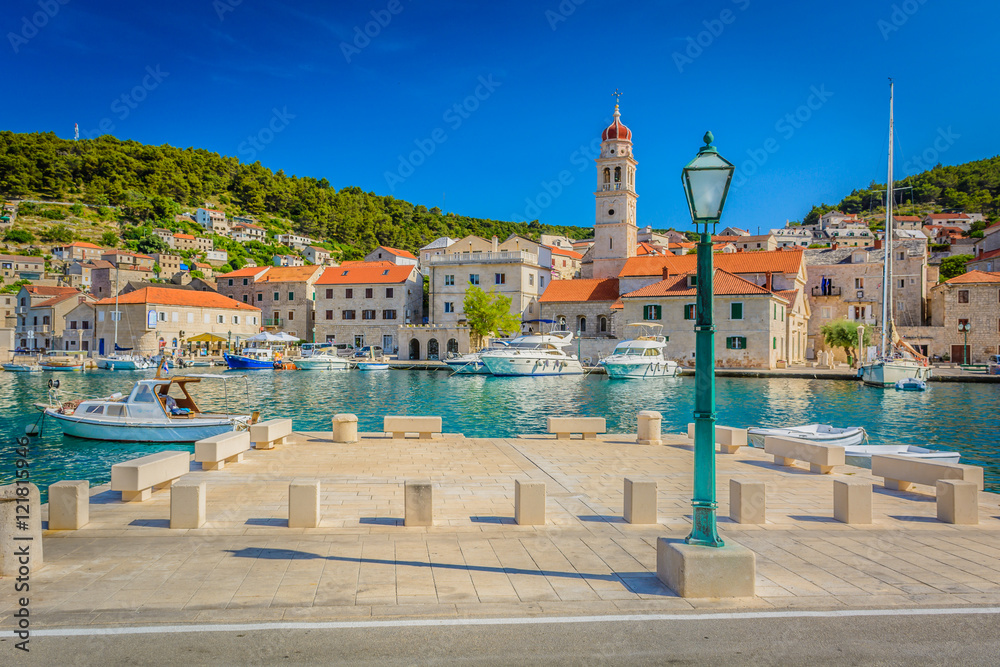 Fototapeta premium Pucisca island Brac Croatia. / View at small mediterranean place on Island Brac, Pucisca town, Croatia.