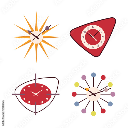 Set of four retro wall clocks isolated against white background. Cartoon vector flat-style illustration