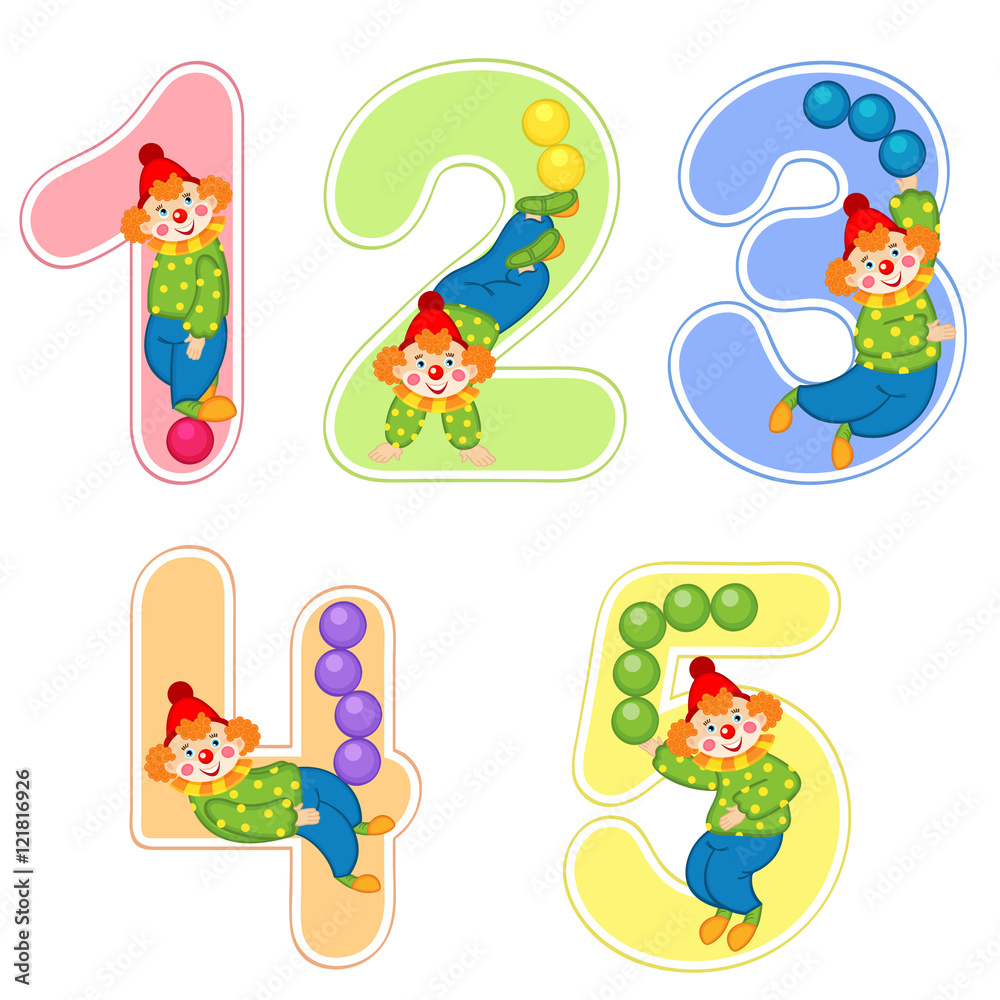 set of numbers with clown juggler from 1 to 5 - vector illustration, eps