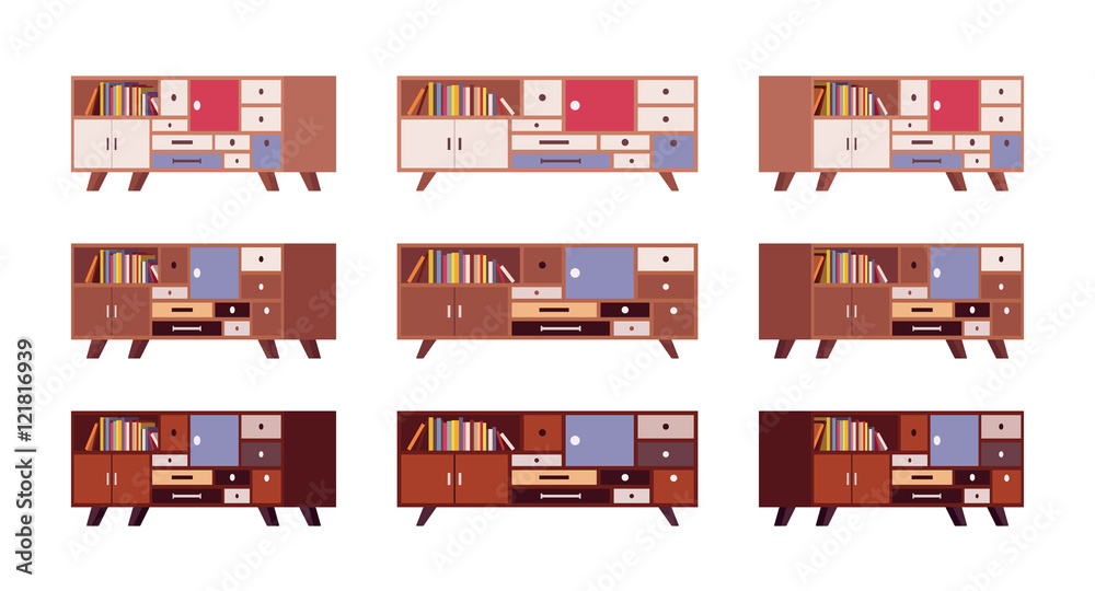 Set of retro sideboards with drawers and bookshelves isolated against white background. Cartoon vector flat-style illustration Set of retro sideboards with drawers and bookshelves isolated against white background. Cartoon vector flat-style illustration