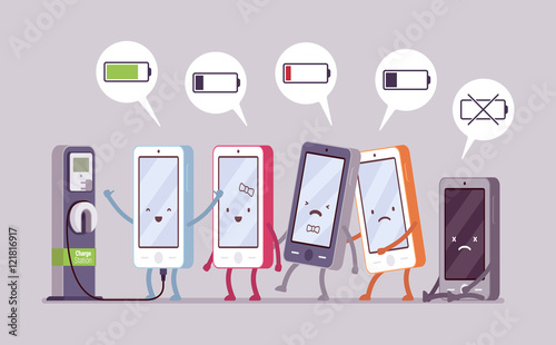 Smartphones are charging near the station in a line, battery status in a cloude. Cartoon vector flat-style concept illustration