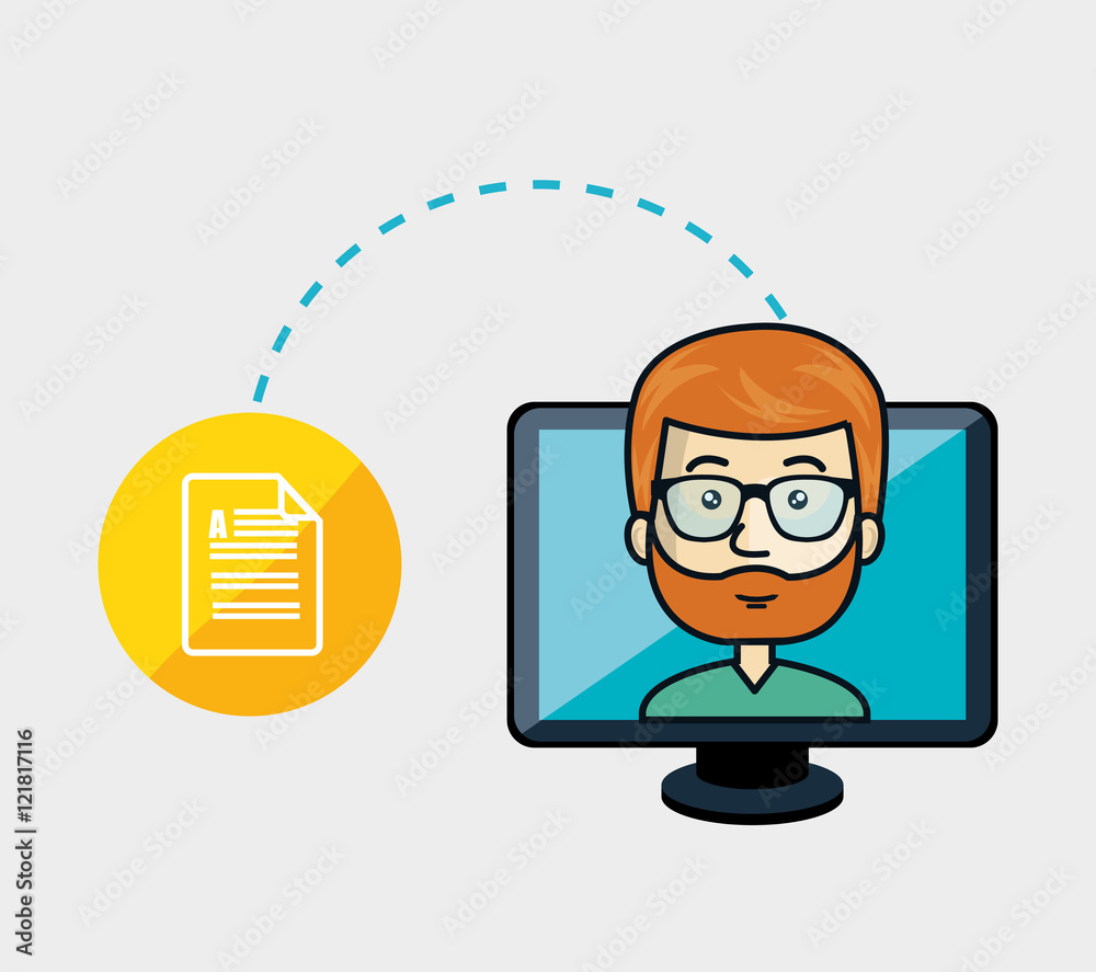 avatar man on computer monitor screen device with document page icon. vector illustration avatar man on computer monitor screen device with document page icon. vector illustration