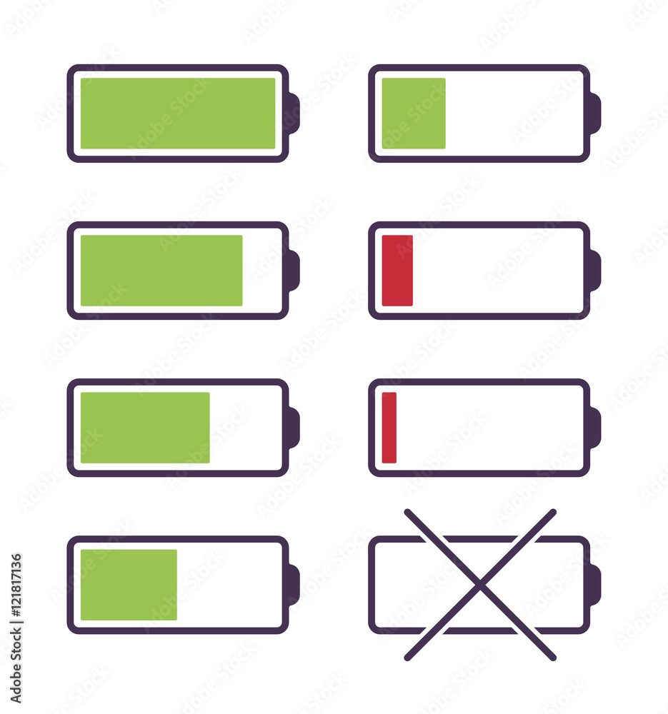 Set of battery charge icons. Cartoon vector flat-style illustration Set of battery charge icons. Cartoon vector flat-style illustration