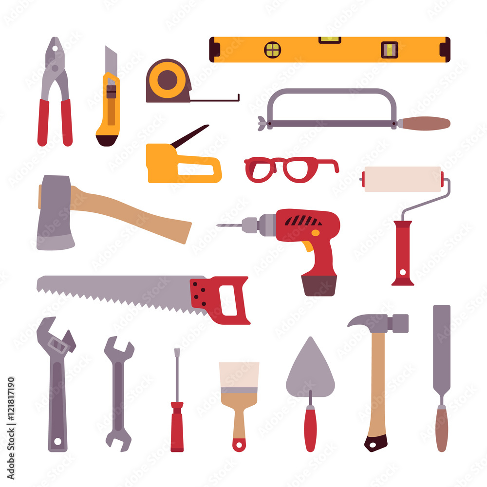 Set of construction tools isolated against white background. Cartoon