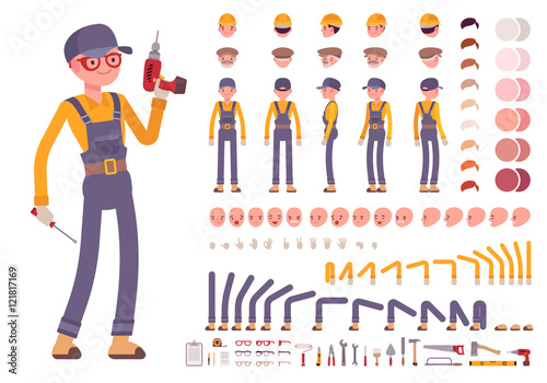Male construction worker creation set. Build your own design. Cartoon vector flat-style infographic illustration