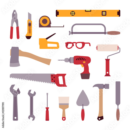 Set of construction tools isolated against white background. Cartoon vector flat-style illustration