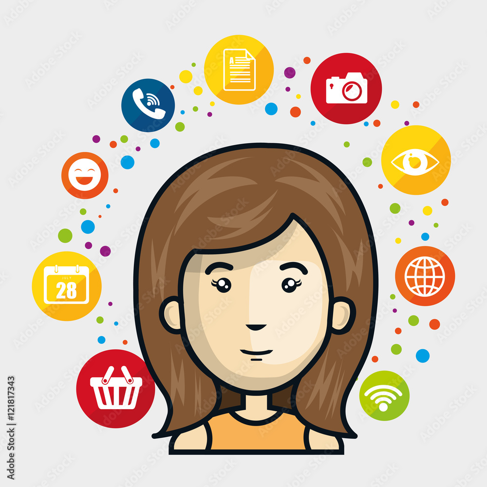 Woman avatar with media icon set. Social media and network theme. Colorful design. Vector Illustration Woman avatar with media icon set. Social media and network theme. Colorful design. Vector Illustration