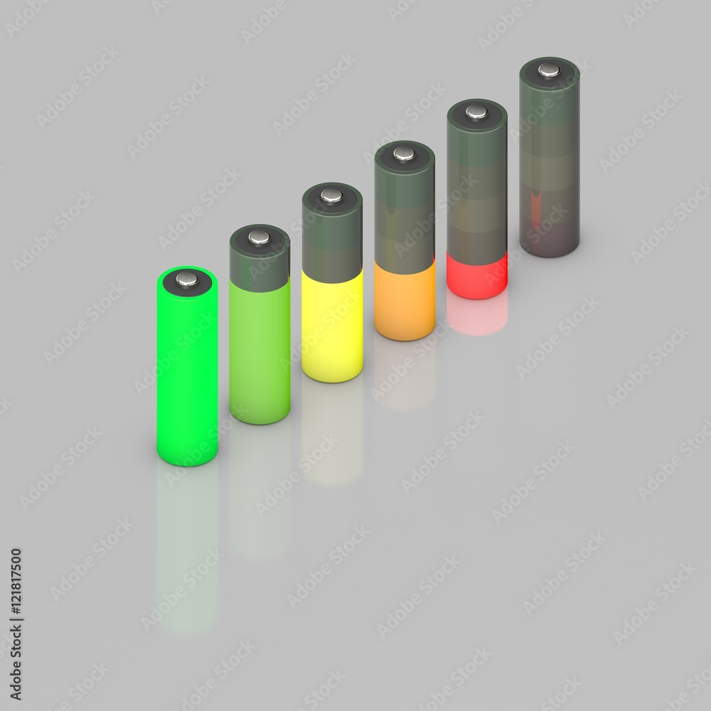 Battery charge level indicators set.Isolated on grey. Isometric Battery charge level indicators set.Isolated on grey. Isometric