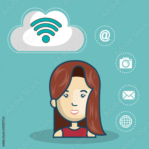 avatar woman cartoon with wireless signal symbol and social media icon. vector illustration