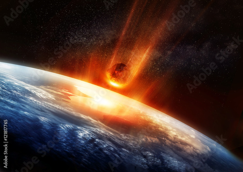 A large Meteor burning and glowing as it hits the earth's atmosphere. 3D illustration. photo