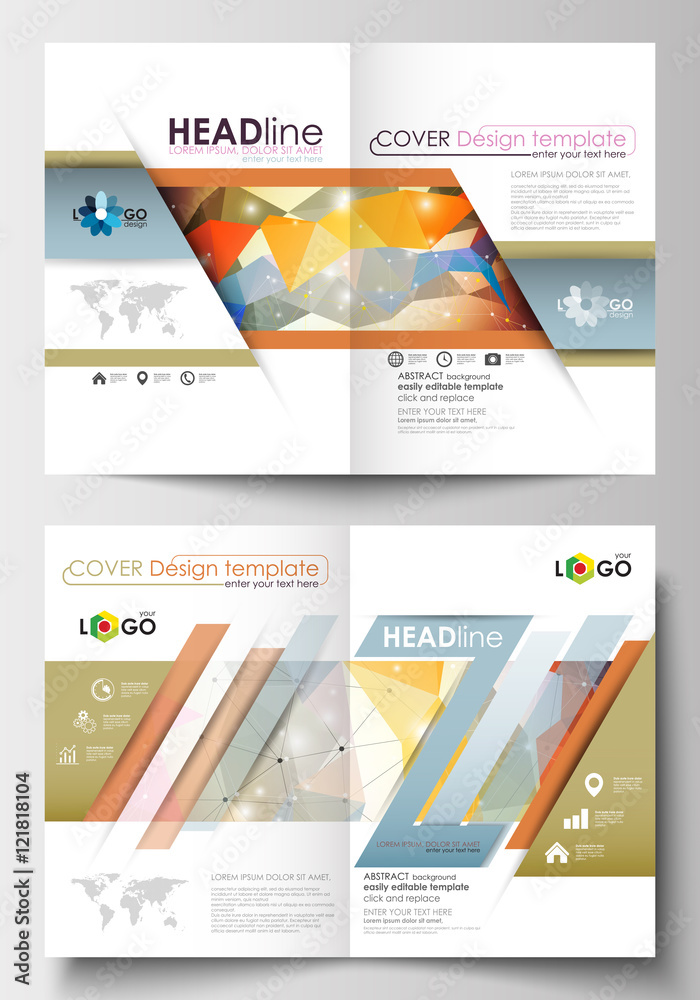 Business templates for brochure, magazine, flyer, booklet. Cover template, easy editable blank, flat layout in A4 size. Abstract colorful triangle design vector background with polygonal molecules.