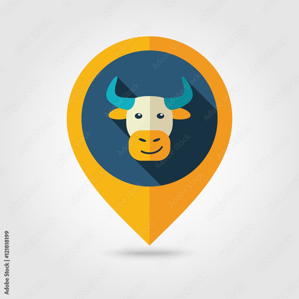 Bull flat pin map icon. Animal head vector