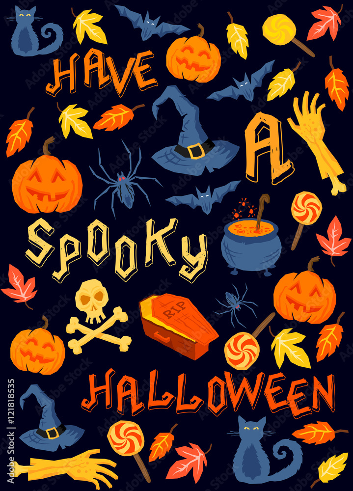Fun Happy Halloween collection of symbols and designs. Vector illustration.