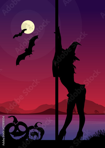 Black vector silhouette of female pole dancer performing pole moves in front of river landscape and full moon at Halloween night photo