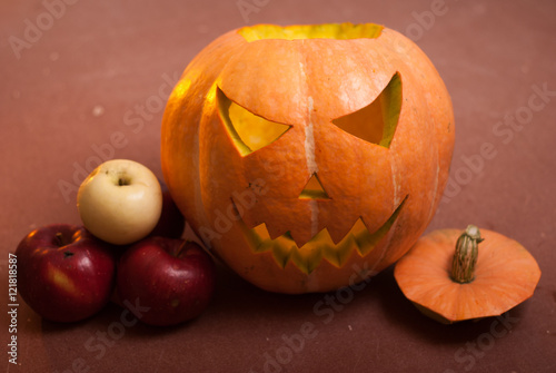 Autumn arrangement of pumpkins and apples, photo