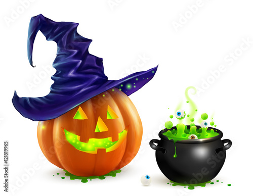 Realistic vector Halloween pumpkin in violet witch hat and black cauldron with green brew