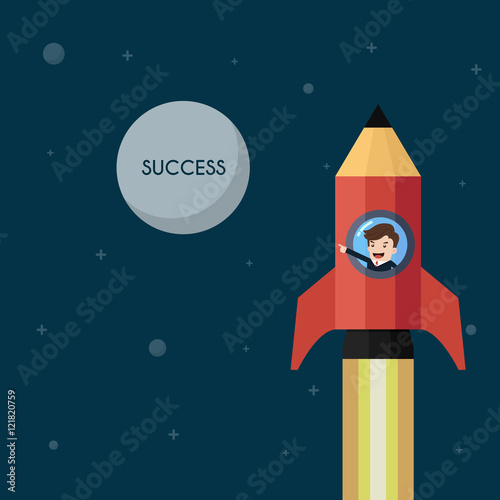 Businessman in pencil rocket launch to the moon success. Business concept cartoon illustration.