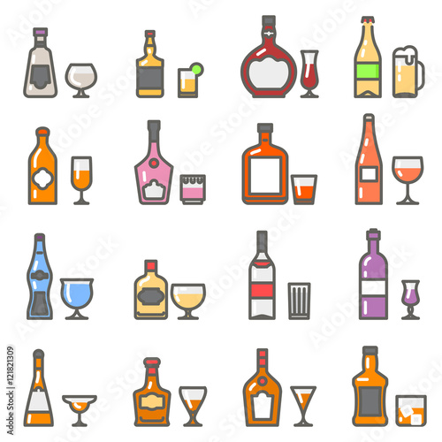 Alcohol bottles with glasses and stemware line flat icons