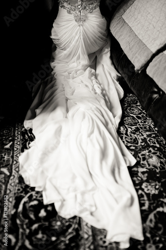 Black and white photo of the bridal dress