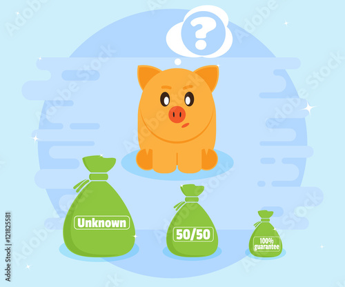 Problem of choice. Pig piggybank selects from the bags with unknown contents. Flat style, vector