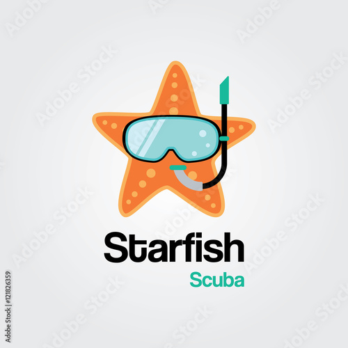 Starfish Scuba Logo Template. Starfish wearing scuba diving mask in flat design for Diving and Snorkeling equipment shop, diving School or scuba club.