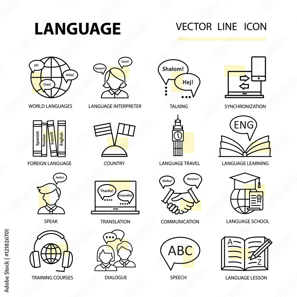Fototapeta premium Set modern linear icons on the topic of learning a foreign language.