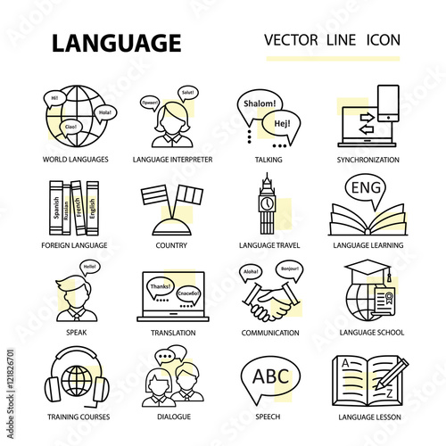 Set modern linear icons on the topic of learning a foreign language.