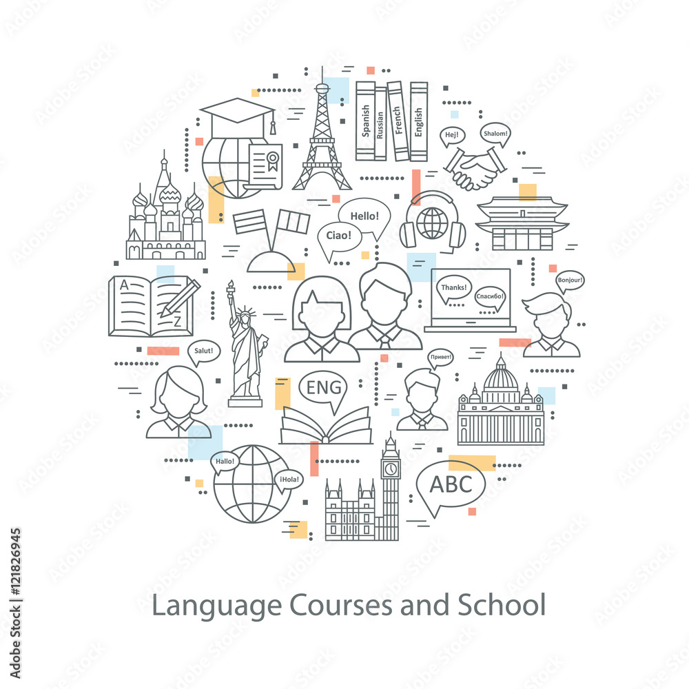 Modern thin line concepts of learning foreign languages, language training school.