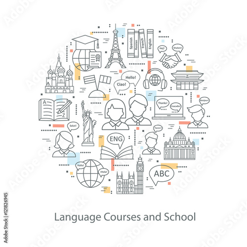 Modern thin line concepts of learning foreign languages  language training school.