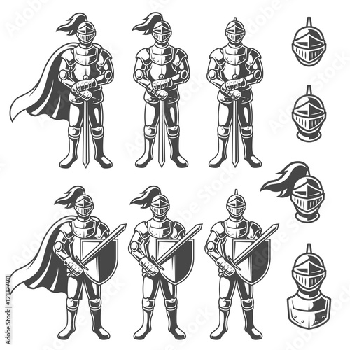 Set of monochrome knights in different poses on white background. Perfect for logo, emblem, label and badges design