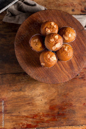 Banana Cake on vintage wooden background. Dark food photo