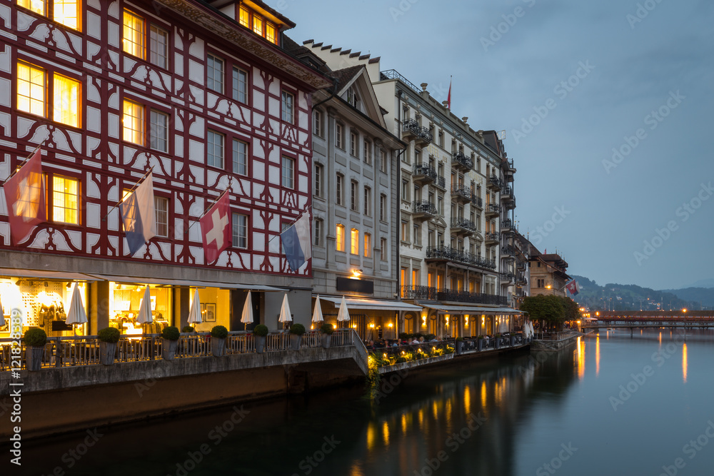 Historic timbered buildings on Lucerne waterfront