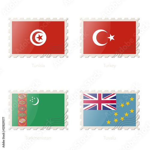 Postage stamp with the image of Tunisia, Turkey, Turkmenistan, Tuvalu flag.