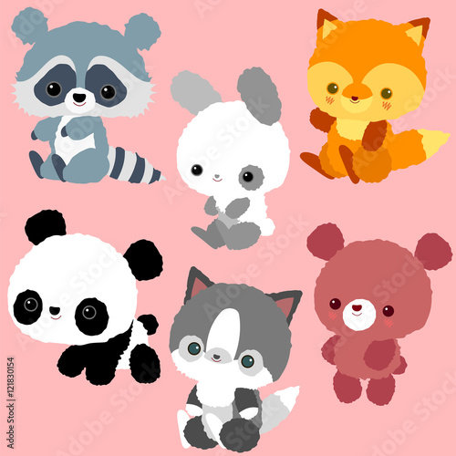Fototapeta Naklejka Na Ścianę i Meble -  Pets and wild animals. Children's characters. Set: kitten, bear, fox, raccoon, panda, bunny. Cute stickers.