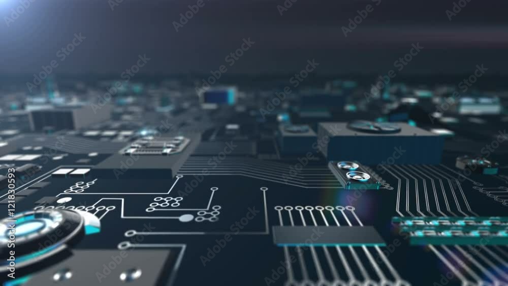 Seamless looping 3D animation of a bluish futuristic circuit board moving towards camera
