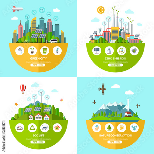 Set of flat vector ecology illustrations with icons of environment, green city, eco life, nature conservation, planet saving, alternative energy, zero emissions, recycling, eco-friendly transport