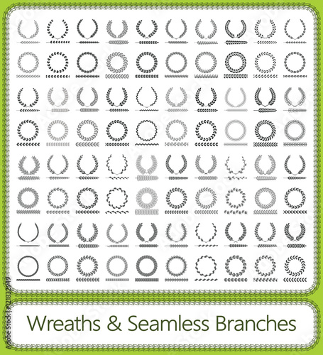 Wreaths, branches and foliage patterns. Vector illustration.
