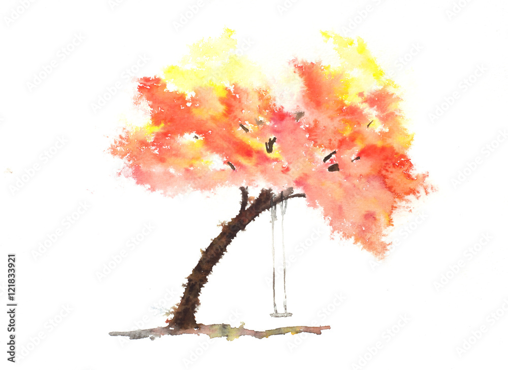 Obraz premium Abstract autumn tree with swing, colorful watercolor hand painted, impressionist style