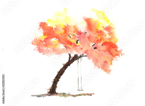 Abstract autumn tree with swing  colorful watercolor hand painted  impressionist style