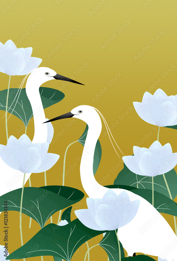二羽の白鷺とハスの花 金地 Stock イラスト Adobe Stock
