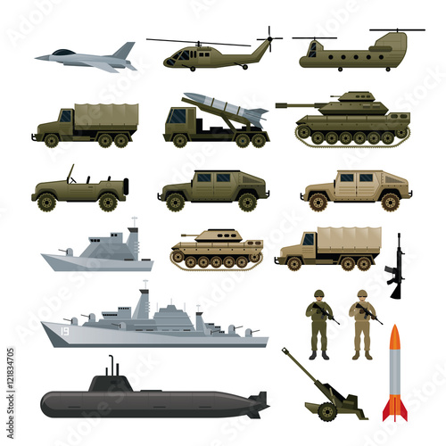 Military Vehicles Object Set, Side View, Army, Air Force, Navy, Marine, Icons