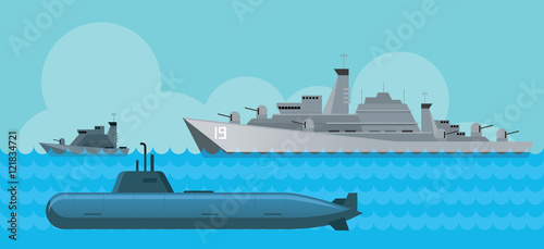 Warship and Submarine, Side View in the Sea, Navy, Patrol Ship, Flat Design Objects