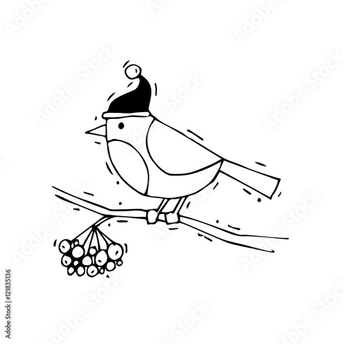Merry Christmas and Happy New Year. Bullfinch sits on a branch of a mountain ash. Xmas Poster, banner, greeting card. Lettering, calligraphy. Hand-drawn, lino-cut. Flat design vector illustration.