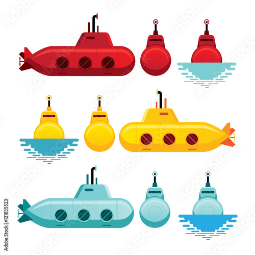 Submarine Cartoon Style, Yellow, Red and Blue, Side and Front View