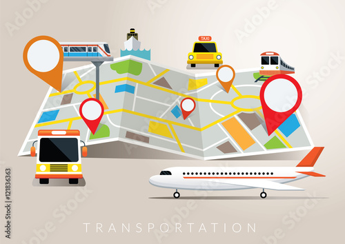 Map with Mode of Transport, Plane, Train, Boat, Bus, Travel, Destination