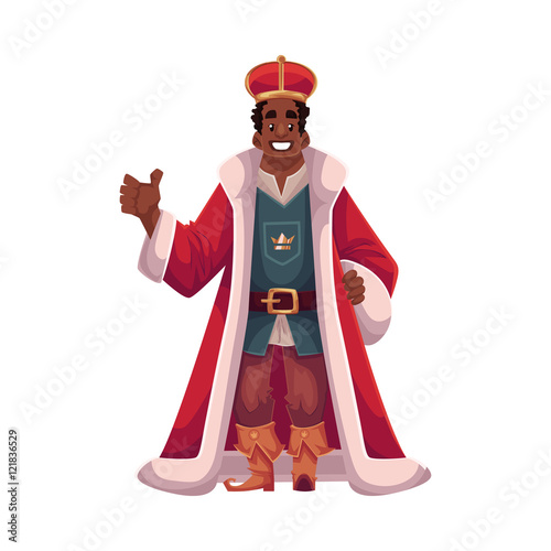 king wearing crowns and mantle, cartoon vector illustration isolated in white background. king - tall and slim, young black skinned, kind and happy