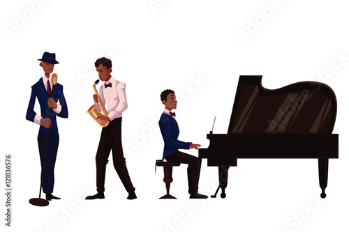 Handsome African male singer, saxophone player and pianist, cartoon vector illustration isolated on white background. Set of full height portraits of African American male musicians
